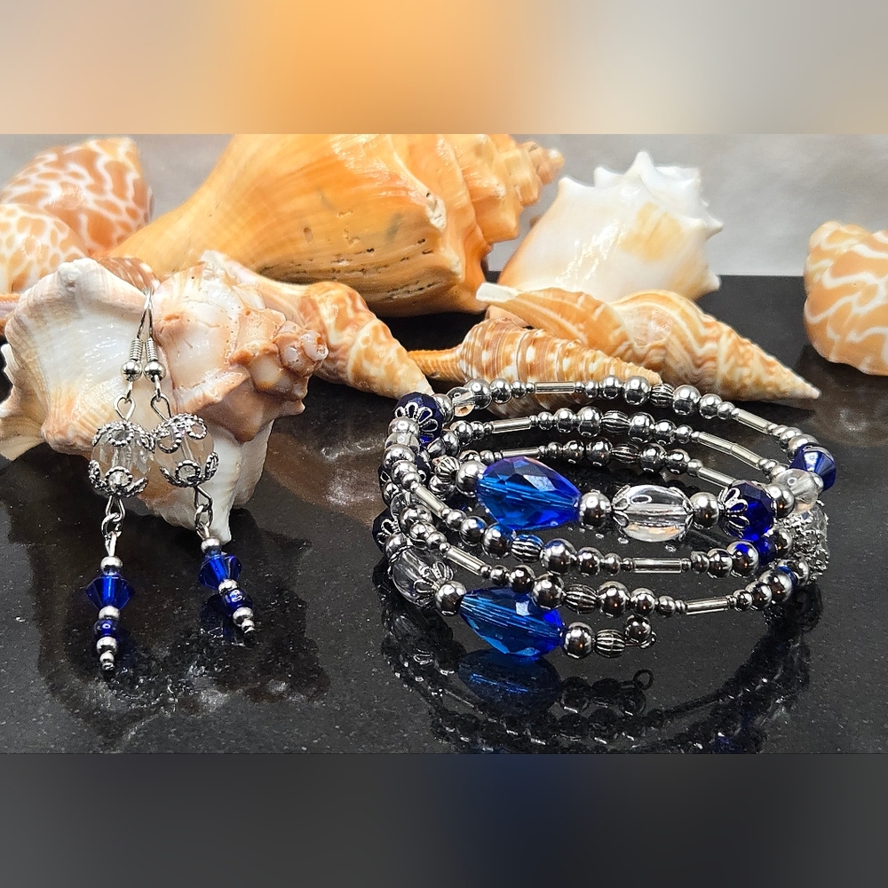 Handmade Stainless Steel  Royal Blue Faceted Crystal Beaded Bracelet Set